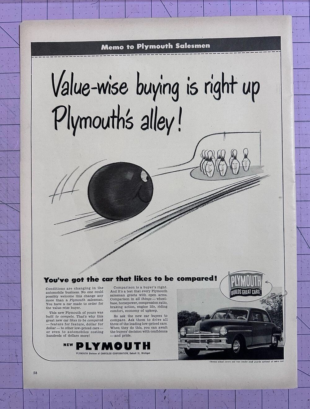 1949 Plymouth Automobile Alley Bowling Compared Vintage Print Ad